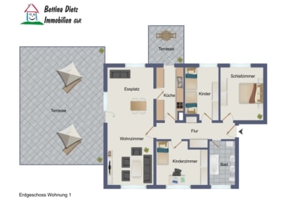 DIETZ: 4-Zimmer-Terrassen-Garten-Wohnung im 7-FH m. Garage und 2 Terrassen nähe Godelsberg-Waldrand! - Grundriss Wohnung 1 (702674)