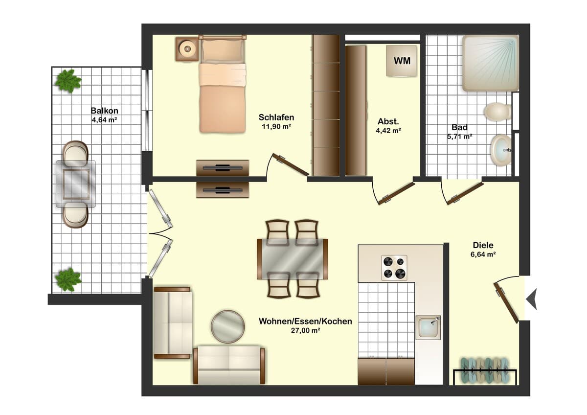 Grundriss Nr 6 - EG 2-Zimmer mit Balkon