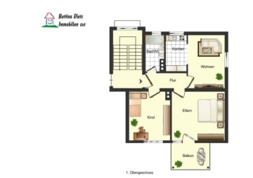 Vermietete 3-Zimmer-Eigentumswohnung im 1. Obergeschoss mit überdachtem Balkon! - Grundriss 1. OG (638305)