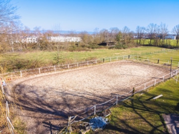 DIETZ: Reitgelände mit Stallungen für 13 Pferdeboxen auf 1,5 ha zu vermieten! Nur 20 Min von FFM! - Luftbild (666314)