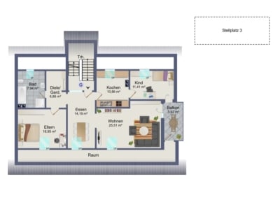 DIETZ: 3-Familienhaus mit 3 Balkonen, 2 Garagen, WEG – geteilt – 3-fach-Verglasung – Pelletsheizung - Grundriss DG (700762)